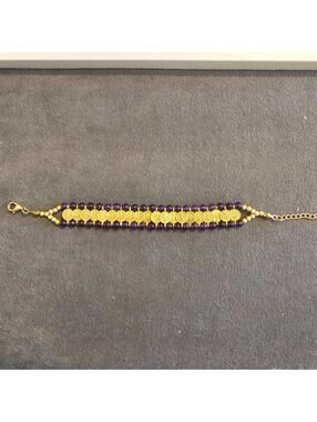 Purple Beaded And Tiny Gold Coin Bracelet